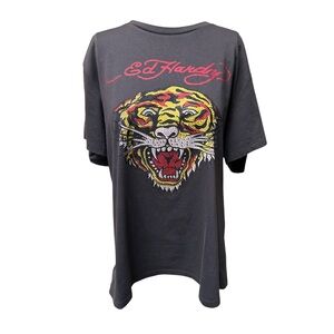 Ed Hardy rhinestone graphic tiger print gray t-shirt Size XL